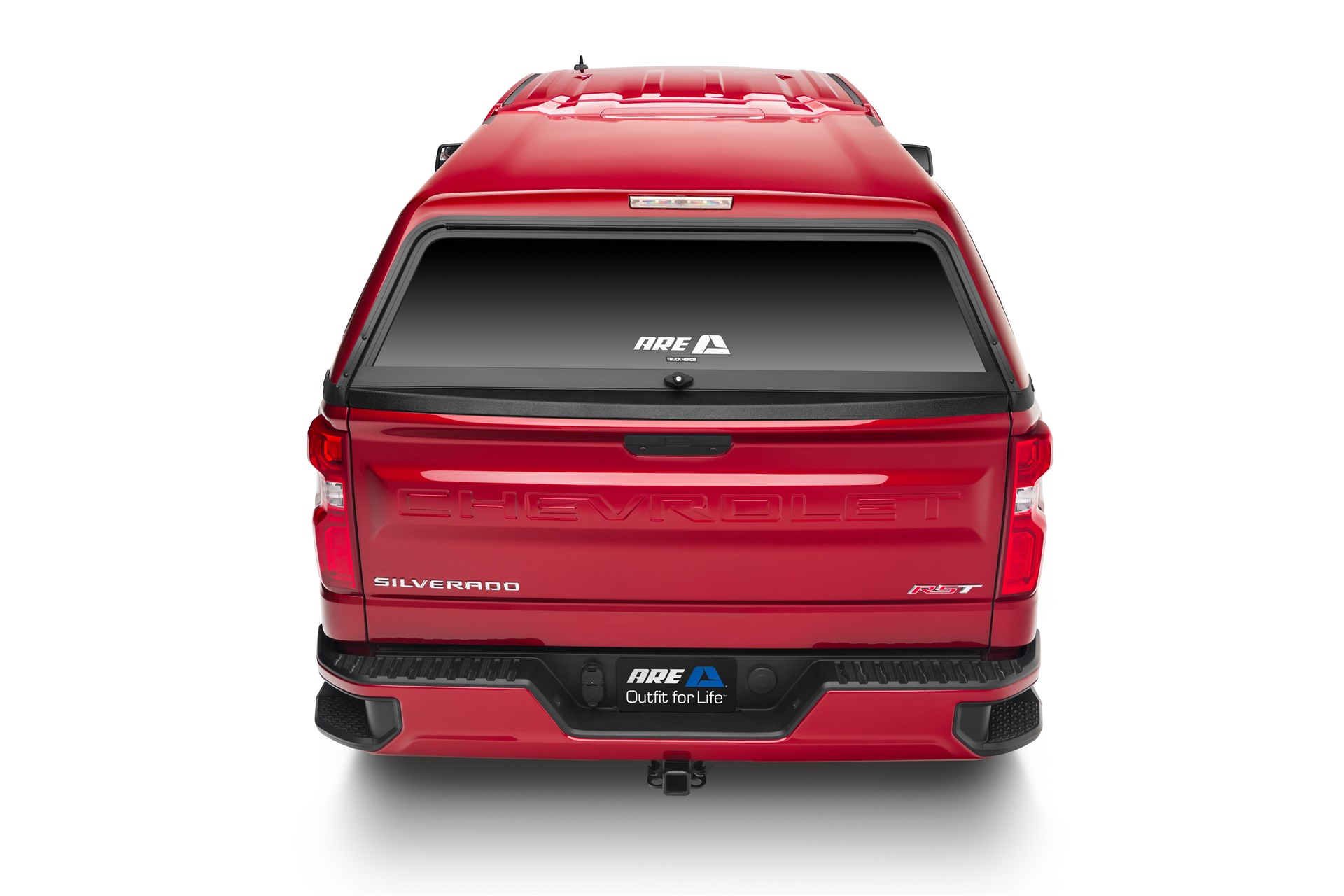 A.R.E. Overland Camper shell on red chevy silverado rear view