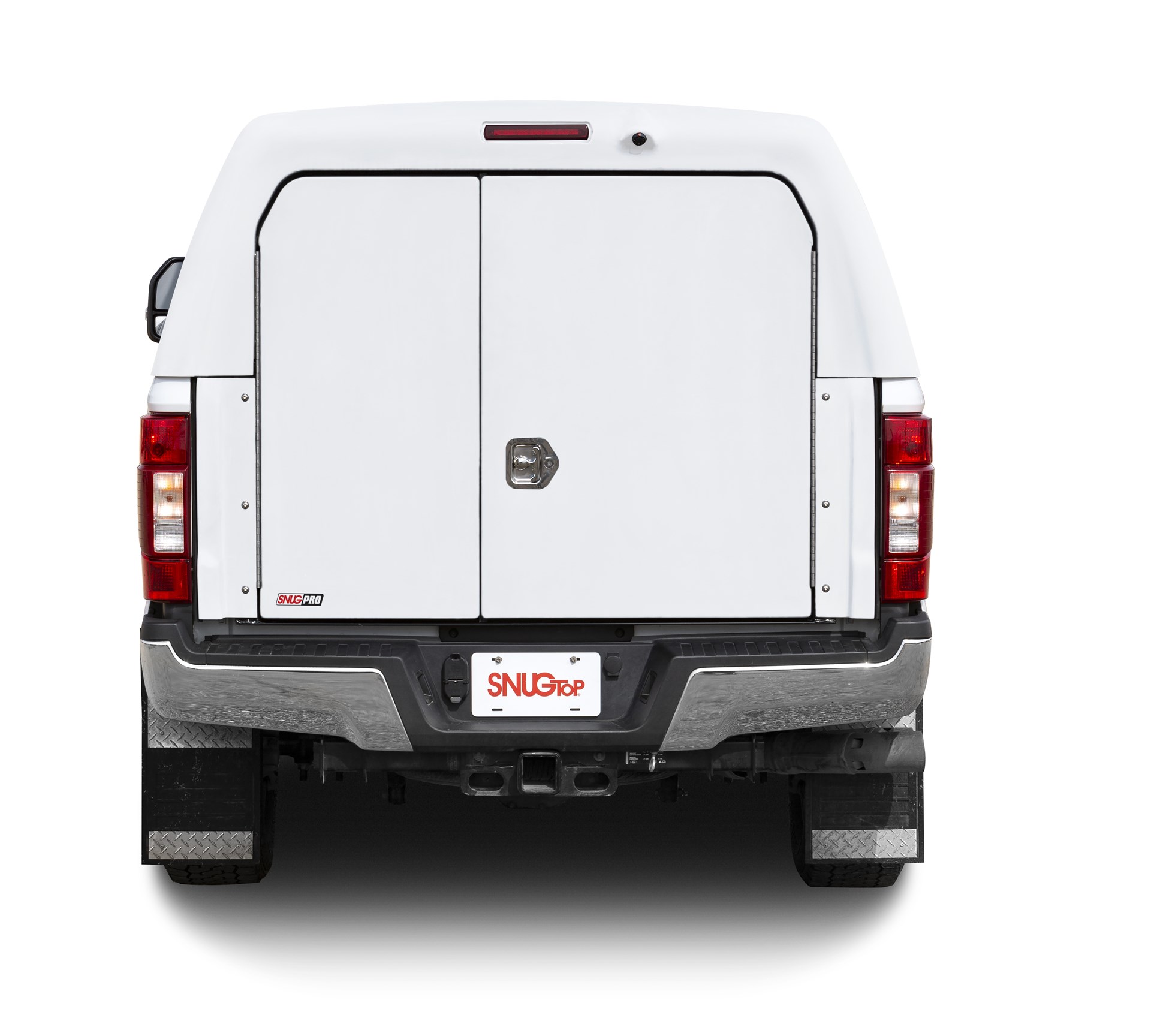 snugpro chu commercial camper shell on ford super duty rear view