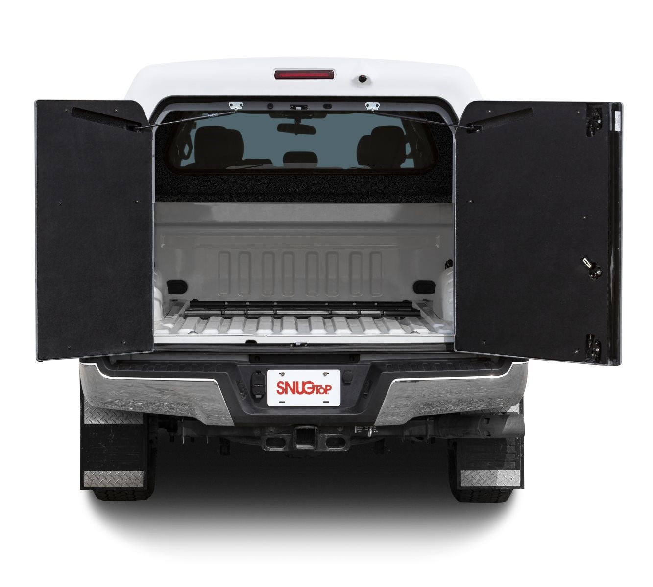 snugpro chu commercial camper shell on ford super duty with open rear doors
